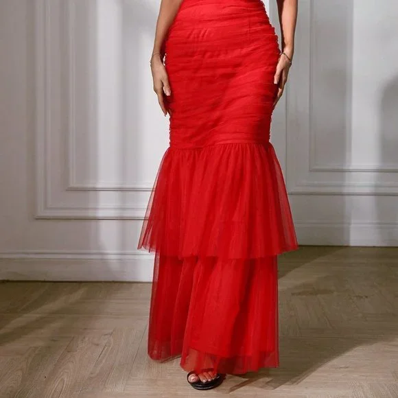 Red Preppy Womens One Shoulder Ruched Mesh Overlay Mermaid Hem Dress - Picture 5 of 5